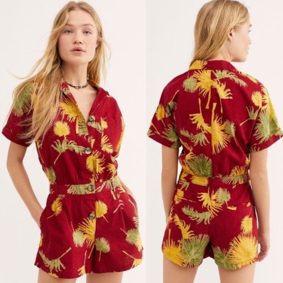 Free People Red Malibu Tropical Romper - Picture 3 of 5